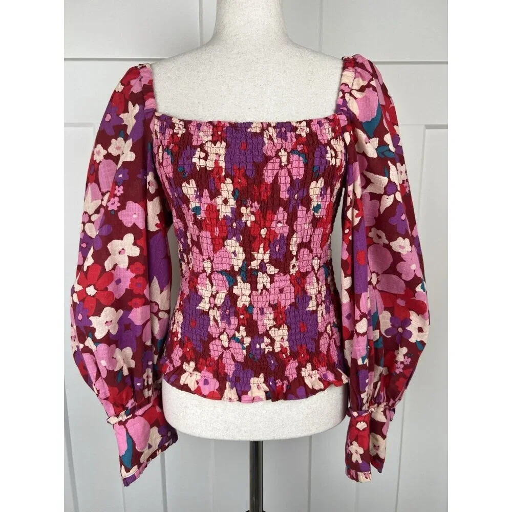 Free People Ariana Smocked Floral Top M Pink Red Balloon Sleeve Cottagecore